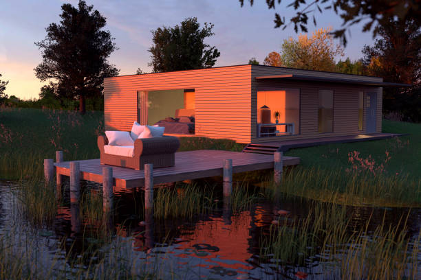 3d rendering of wooden house with flat roof at nature near by pond